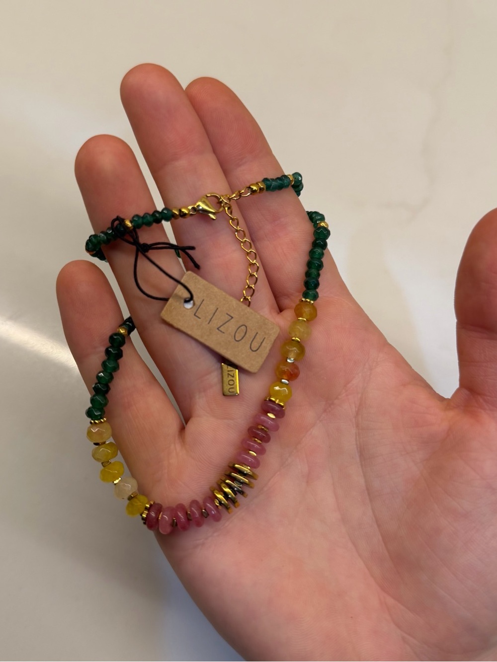 Lizou Multicolor Beaded Necklace - Green, Yellow & Pink